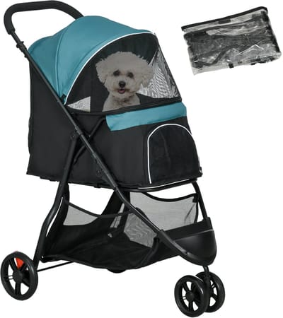 PawHut 2 in 1 Hundewagen Hundebuggy mit Regenschutz klappbar für Hunde & Katzen bis 10 kg Katzenbuggy mit Kissen Netzfenstern Türen Aufbewahrungskorb Katzenwagen Buggy Dunkelgrün
