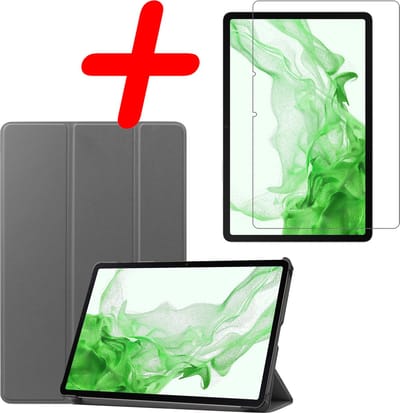 Hoesje Geschikt voor Samsung Galaxy Tab S8 - Met Screenprotector - Trifold Bookcase - Hard Cover - Hardcover Book Case - Tablet Hoes - Grijs