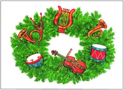 Kerstkaart Kerstkrans met muziekinstrumenten