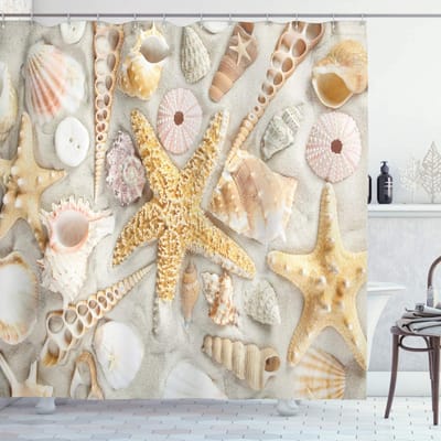 ABAKUHAUS Douchegordijn – Schelpen Zandstrand – 175×200 cm – Polyester – Veelkleurig
