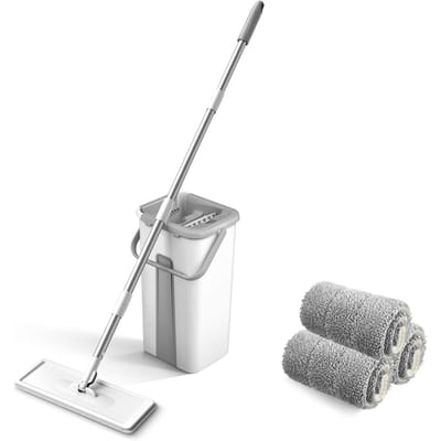 Vadrouille en microfibre avec seau pour le nettoyage des sols, à presser, mains libres, tampons lavables, poussière réutilisable 3PCS mop pads