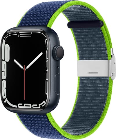 By Qubix - Geschikt voor Apple Watch bandje - Nylon bandje met klemsluiting - Donkerblauw met groen - Geschikt voor Apple Watch 38mm / 40mm / 41mm / 42mm - nylon - bandje iWatch