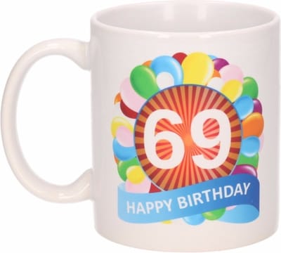 69 jaar Verjaardag koffiemok - cadeau beker - feestelijke ballonnen print - 300 ml - keramiek - wit