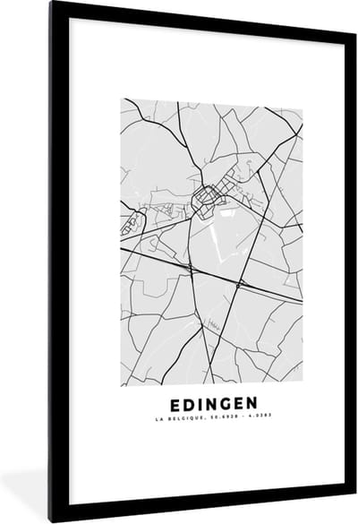 Fotolijst incl. Poster Zwart Wit- Kaart – Plattegrond – Stadskaart – Edingen – België – Zwart Wit - 80x120 cm - Posterlijst