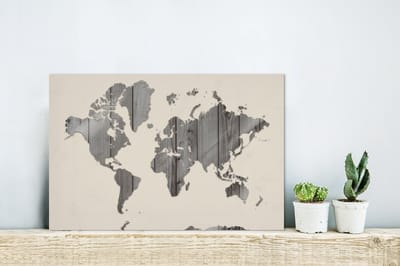 Aluminium schilderij 30x20 cm - Wanddecoratie metaal - Wereldkaart - Beige - Zwart - Wit - Metalen muurdecoratie woonkamer - Decoratie industrieel - Foto op dibond - Industriële accessoires slaapkamer