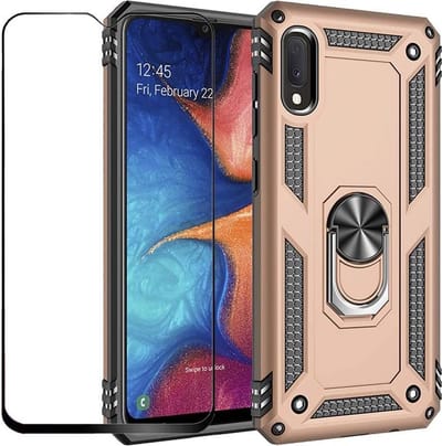 Telefoonhoesje Geschikt voor: Samsung Galaxy A20E hoesje Schokbestendige ring armor met volledige schermdekking Screenprotector goud