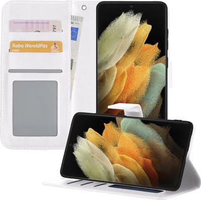 Hoesje - Met Pasjeshouder - Geschikt voor Samsung Galaxy S21 Ultra - Luxe Bookcase Portemonee - Flip Case - Kunstleer Book Case - Flipcase - Book Cover - Walletcase - Portemonneehoes - Telefoonhoesjes - Wit