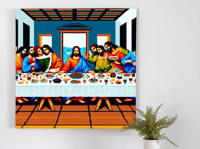 Pixel art laatste avondmaal schilderij | Het digitale Laatste Avondmaal: Een meesterwerk van pixelkunst | Kunst - 60x60 centimeter op Forex | Foto op Forex