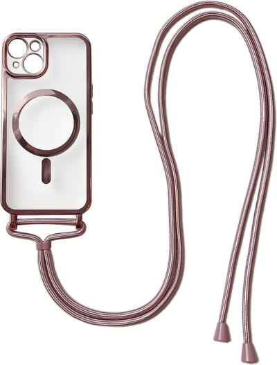 Casemania Hoesje Geschikt voor Apple iPhone 12 Pro - Rosegoud - Siliconen Back Cover met Koord - Geschikt voor MagSafe - Telefoonhoesje met Koord - Crossbody Lanyard Cord Case