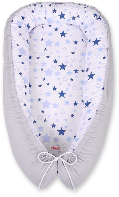 Babynest dubbelzijdig Premium Cocoon voor baby's BOBONO- blauwe sterren/grijs