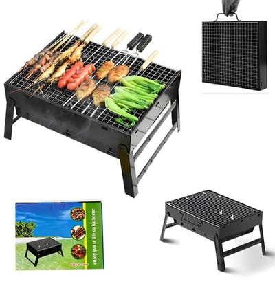 KZQ BBQ-grill - Houtskoolbarbecues - Draagbare barbecue - Opvouwbare barbecue - Geschikt voor barbecueën, koken, kamperen, wandelen, picknicken, buiten dineren, backpacken, feesten en andere buitenactiviteiten - 35×27×20 cm - Zwart - Klein