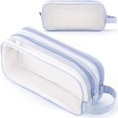 Etui - Transparante etui voor examens - Grote transparante etui van gaas- etui jongens - met 2 compartimenten en rits- etui meisjes - Grote etui voor pennen en schrijfwaren - voor school, universiteit, thuiskantoor, reizen(Lichtblauw)