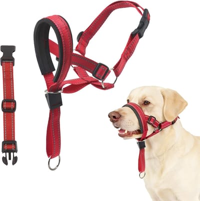 Zachte, Verstelbare Reflecterende Hondenhalsband en Hoofdharnas tegen Trekken, Anti-Bijt Hoofdband voor Honden (Rood, L)