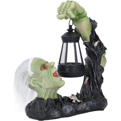 Horror Schedel Standbeeld Lantaarn Groene Kleur Hars Op Zonne-energie Werkende Lantaarn Eng Decor voor Tuin black