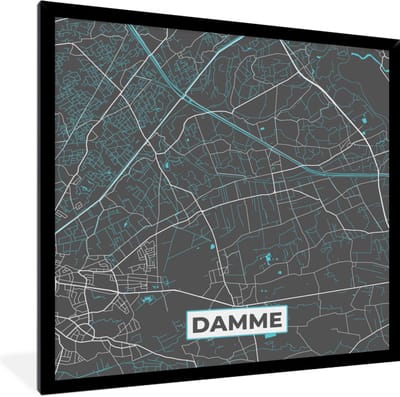 Fotolijst incl. Poster - België – Damme – Stadskaart – Kaart – Blauw – Plattegrond - 40x40 cm - Posterlijst