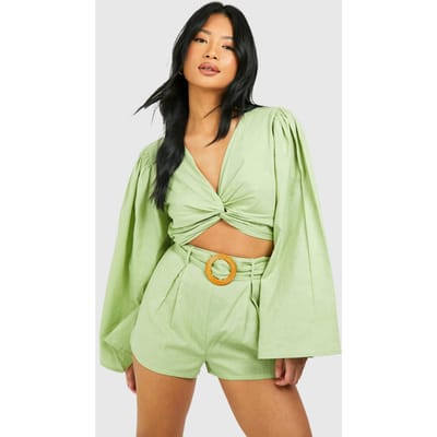boohoo Dames Petite Linen Look Belted Short | Verstandig | Maat: 42