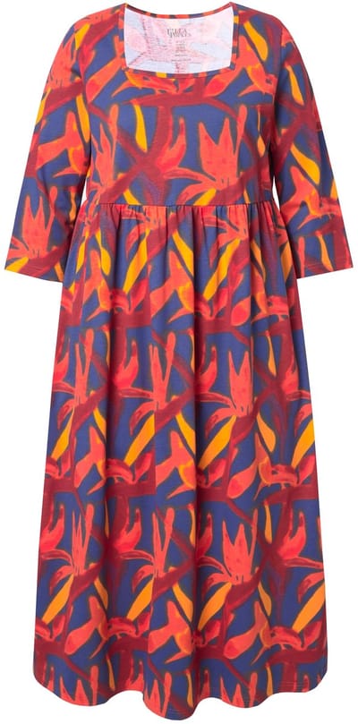 Ulla Popken - Dames - Jersey jurk A-lijn carréhals 3/4-mouw - Zwart - Maat 46+