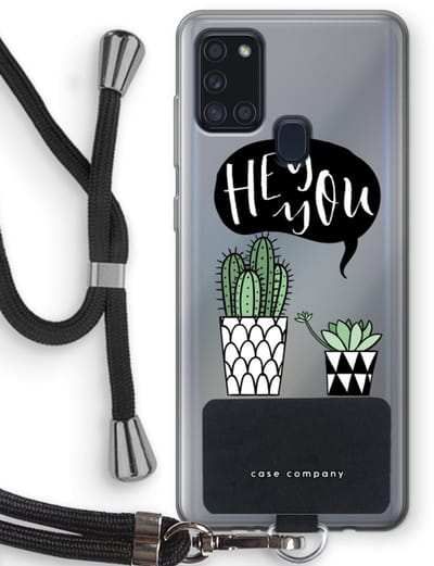 Case Company® - Hoesje met koord geschikt voor Samsung Galaxy A21s hoesje met Koord - Hey you cactus - Telefoonhoesje met Zwart Koord - Bescherming aan alle Kanten en Over de Schermrand