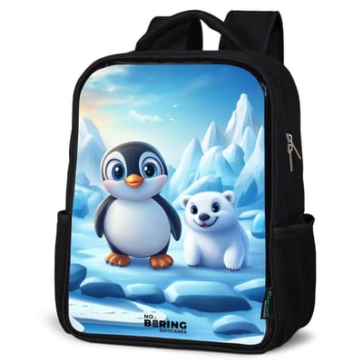 NoBoringSuitcases.com® - Rugzak zwart - Schooltas jongen & meisje - Pinguïn en ijsbeertje op ijsschotsen - Rugtas voor school - Boekentas kind - Schoolrugzak - Kinderrugzak