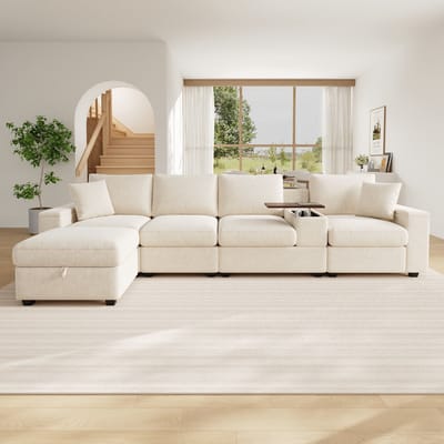 HAUSS SPOLE Hoekbank - Modulaire L-Vorm Bank Met Hocker En Opbergruimte - Met Usb, Bekerhouders En Draaibare Tafel - Voor Woonkamer - Chenille Beige