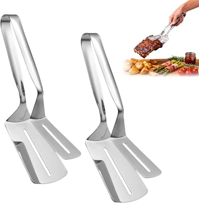 JeiibrZui Steaktang - Grilltang en spatel - Dubbelzijdige roestvrijstalen spatel voor het omdraaien en serveren - Set van 2 - Multifunctioneel zilverkleurig