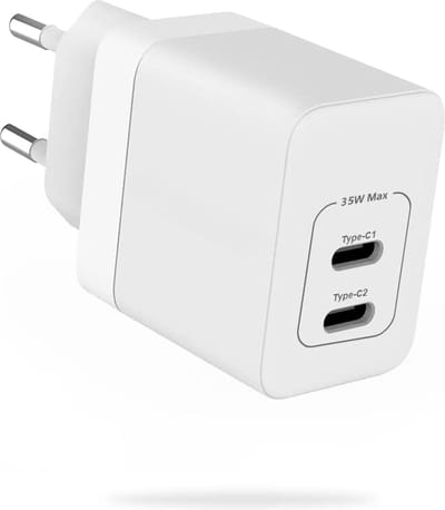 35w usb C Adapter 2 Poorten - GaN Tech - Snellader - Usb C Lader met 2 usb C Poorten - Voor Telefoon, Tablet en Laptop - Wit