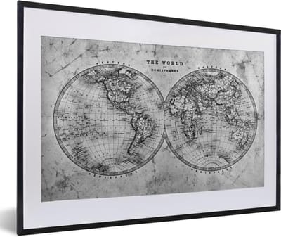 Poster in lijst - Fotolijst 60x40 cm - Posters - Wereldkaart - Vintage - Papyrus - Kids - Jongen - Meisje - Posterlijst zwart - Decoratie - Wanddecoratie woonkamer - Muurdecoratie slaapkamer