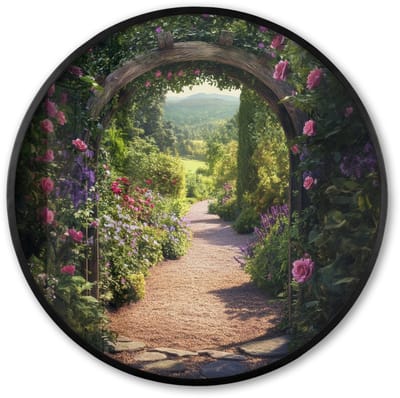 Poster in lijst Rond - Fotolijst 60x60 cm - Posters - Doorkijk - Bloemen - Natuur - Rozenboog - Ronde posterlijst zwart - Decoratie - Wanddecoratie woonkamer - Muurdecoratie slaapkamer