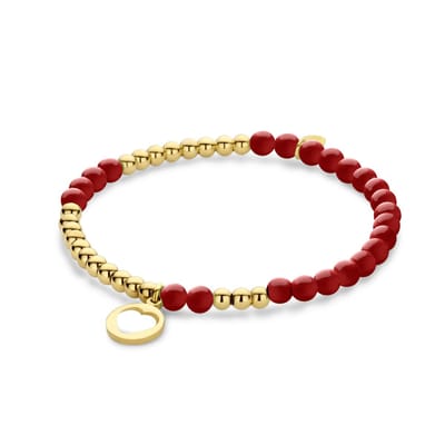 Cadeau voor haar CO88 Collection 8CB-91270 Kralen Armband Staal en Rode Jade met Hangertje - Hartje - 10mm Doorsnee - 4 en 3,5mm - Rekbaar - 17,8cm - Goudkleurig;Rood