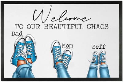 Deurmat met tekst | persoonlijk Papa Mama Kind | Deurmat Gezin Sneakers | Leuk Cadeau voor een gezin | 70x50cm | Sneakers Lichtblauw