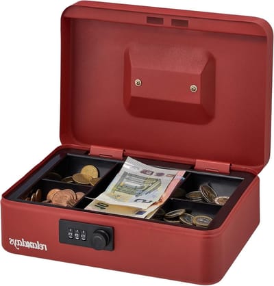 Geldkistje met 3-cijferige code - Staal - Geldkluis - Munten & briefjes - HBD 85 x 25 x 19 cm - Rood Geldkistje