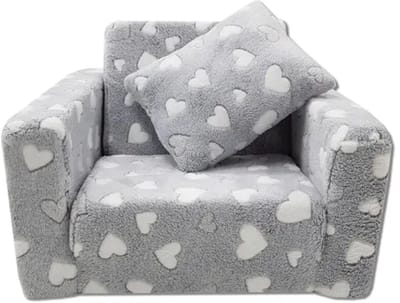 Kindvriendelijke opvouwbare pluchen kinderstoel met zitting en ligfunctie – comfortabel kids relaxfauteuil, grijze harten