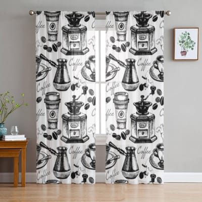 Vintage Koffie Transparante Gordijnen voor Woonkamer Transparante Tule Raamdecoratie Slaapkamer Keuken Huisdecoratie Sluier Gordijnen 135W x 114H(cm) white