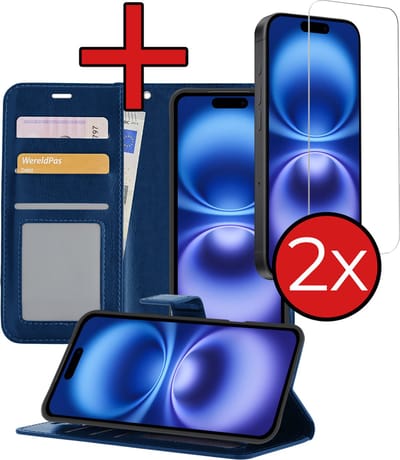 Hoesje - Met 2x Screenprotector - Geschikt voor Apple iPhone 16 - Luxe Pasjeshouder - Flip Case - Bookcase Portemonee - Kunstleer Book Case - Flipcase Hoes - Book Cover - Walletcase - Portemonneehoes - Telefoonhoes - Donkerblauw