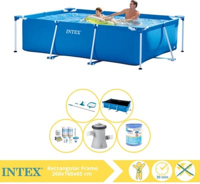 Intex Rechthoekig Frame Zwembad - 260 x 160 x 65 cm - Blauw - Inclusief Solarzeil - Onderhoudspakket - Zwembadfilterpomp - Filter - Schoonmaakset - 6-delig