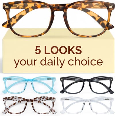 5 Pack Read Glasses with Blue Light Blocking, Anti-UV Ray Fashion Eyeglasses for Men and Women