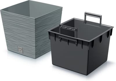 Prosperplast Plantenpot/bloempot Furu Stripes - voor buiten - kunststof - lichtgrijs - vierkant - D24 x H23.5 cm