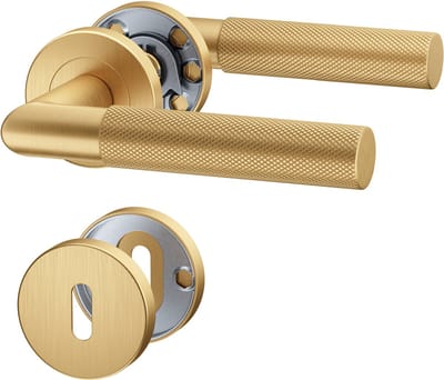 Mat Gouden Deurbeslag BAUHAUS, Deurbeslag set Binnendeur, Deurklink Set, Deurklink met ronde rozet, met Sleutelrozet, PVD Mat Goud, Deurkruk, Incl. Bevestigingsmateriaal - Terugslagveer