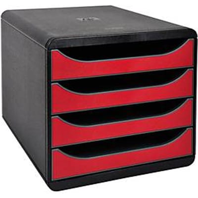 Exacompta Big Box Plus Iderama karmijnrood, 4 open laden A4/A4+/24x32 cm, geruisloos met stop, stapelbaar
