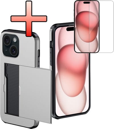 Hoes Geschikt voor iPhone 15 Hoesje Pasjeshouder Hard Cover Met Screenprotector Shock Proof Hard Case Hoes Met Kaarthouder - Grijs