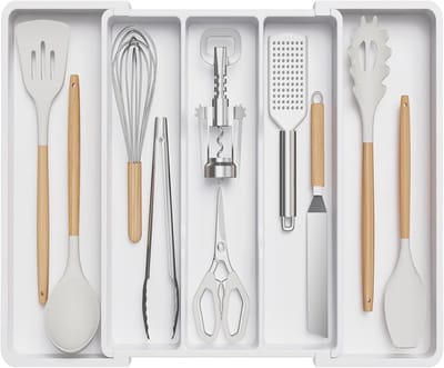 Bestekbak voor laden, uitbreidbare grote bestekbak voor keuken, verstelbare bestekbak voor laden, kunststof keukenaccessoires, scheidingsinzet, groot, wit