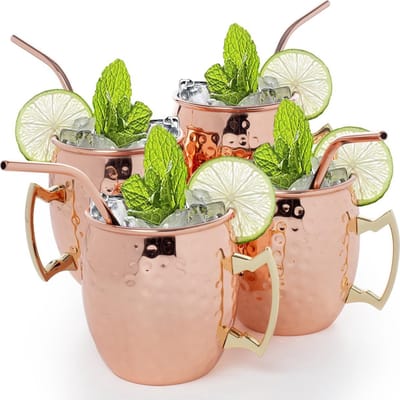 KitchenBrothers Moscow Mule Bekers - Cocktailglazen met Rietjes - 4 Stuks - Koperen Beker - Verkoperd - 500ML
