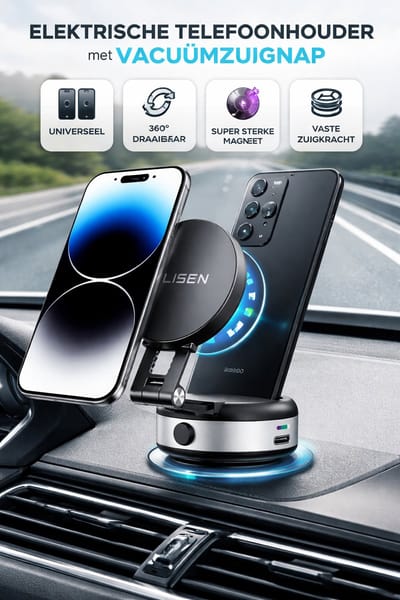 LISEN Elektrische Magnetische Telefoonhouder met Vacuümzuignap – MagSafe Autohouder – 360° Draaibaar – Dashboard & Voorruit – iPhone & Samsung-360° draaibaar & verstelbaar