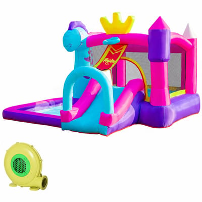 ECTEATOY® Springkasteel met glijbaan - trampoline - speelgedeelte - zwembad en basketbalring - Inclusief pomp en draagtas - 350W blower - 300 x 270 x 200 cm