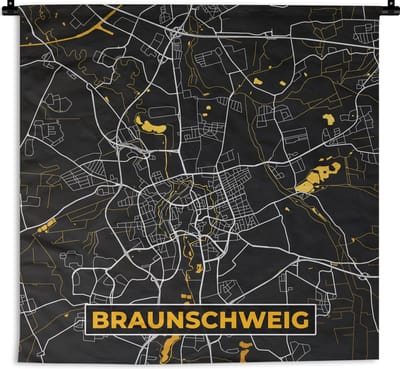 Wandkleed - Wanddoek - Braunschweig - Stadskaart - Plattegrond - Goud - Kaart - Duitsland - 180x180 cm - Wandtapijt