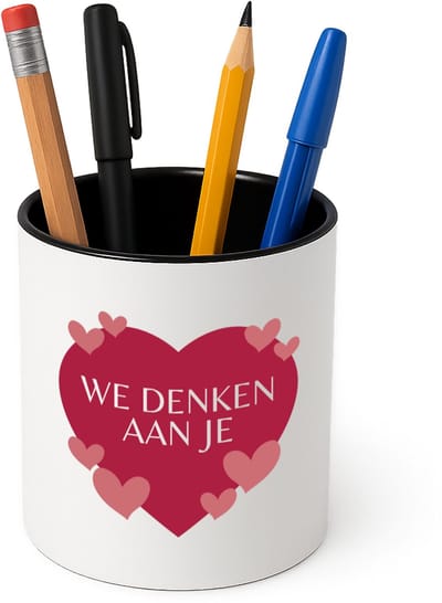 Hacebo® - We denken aan je hartje en kleine hartjes Pennenbakje - iemand die door een moeilijke tijd gaat - pennenhouder - moeilijke tijd - ziek - koorts - snel beter worden - cadeau - beterschap cadeau - kado - gift - Pennenbakje zwart