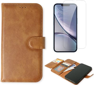 Casemania Hoesje & Glas Geschikt voor Apple iPhone 17 - Bruin - Geschikt voor MagSafe - 2 in 1 Luxe Kunstlederen Portemonnee Book Case met Extra Vakken + 1x Glazen Screenprotector