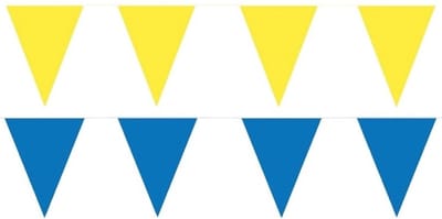 Feest versiering punt vlaggetjes pakket - 60 meter - blauw en geel - slingers / vlaggenlijnen - kunststof - buiten/binnen
