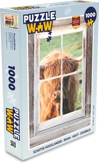 Puzzel Schotse hooglander - Raam - Hout - Doorkijk - Legpuzzel - Puzzel 1000 stukjes volwassenen