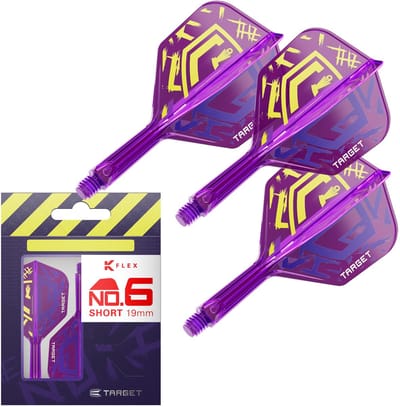 Target Darts Luke Littler World Champion K Flex Flights en Shaft Systeem No.6 Short 19mm - Exclusief Paars en Geel Design - Geintegreerde Flight en Shaft - 2BA Schroefdraad - Set van 3 Stuks